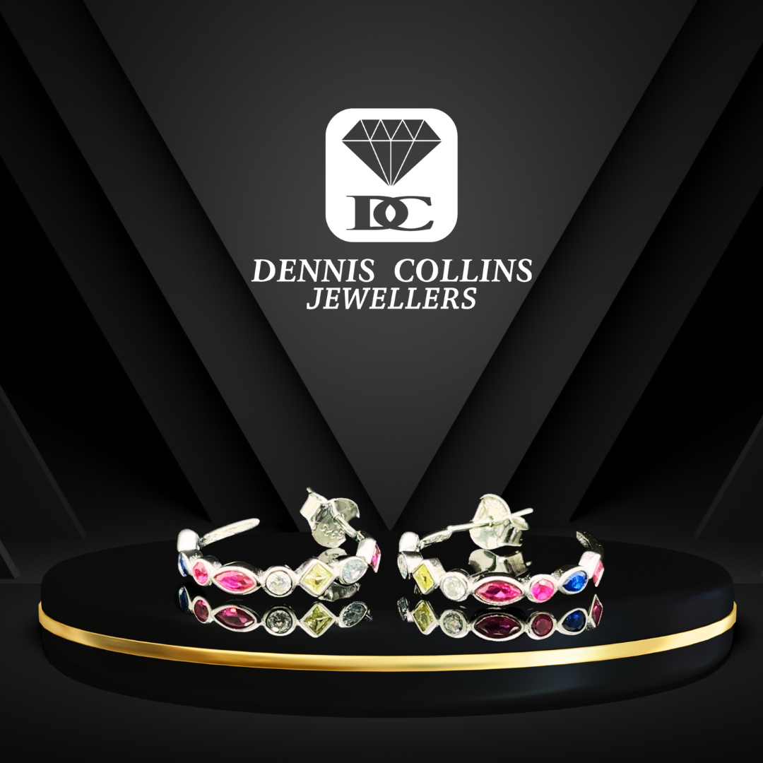 Ladies Silver Med Fancy Multi Colour Cz Hoop Earrings