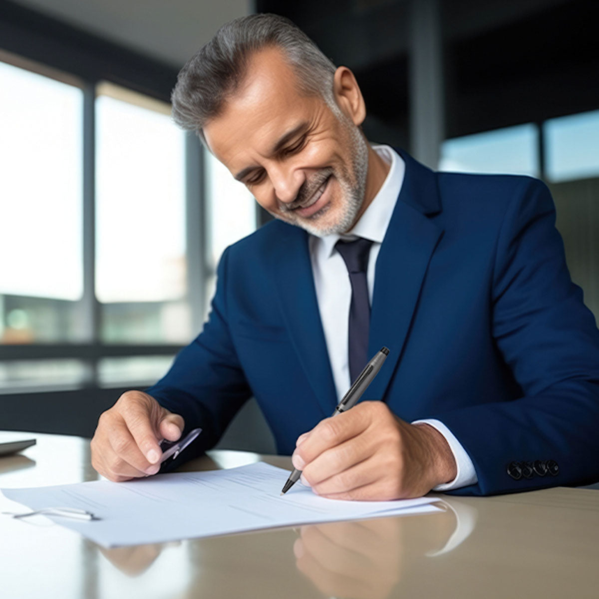 Elegance in action: a man in a stylish blue suit enhances his writing experience with a sophisticated Cross pen. Elevate your writing with Cross, synonymous with timeless craftsmanship and refined style.