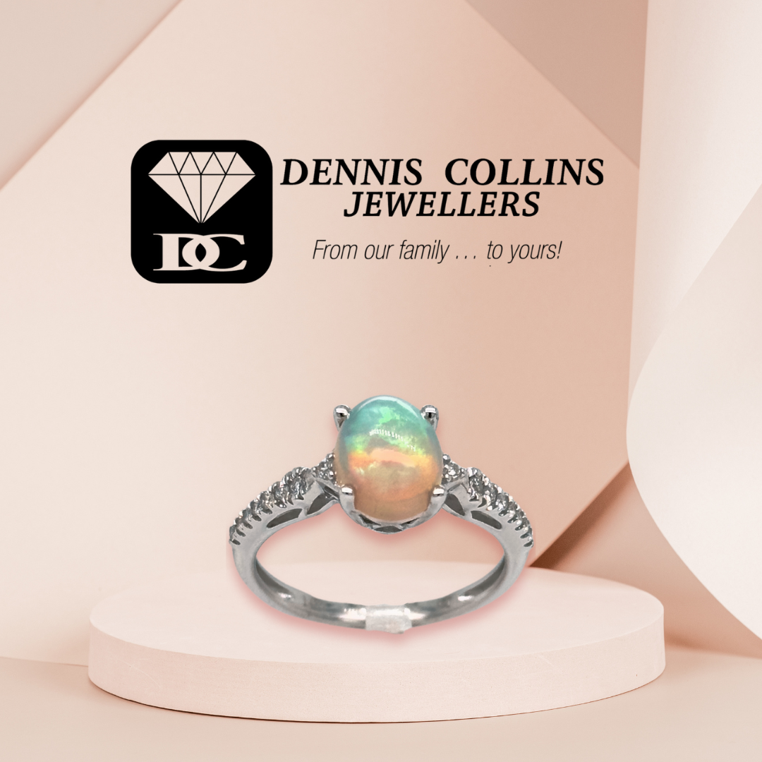 Ladies 14ct white gold Oval Opal & Diamond Ring