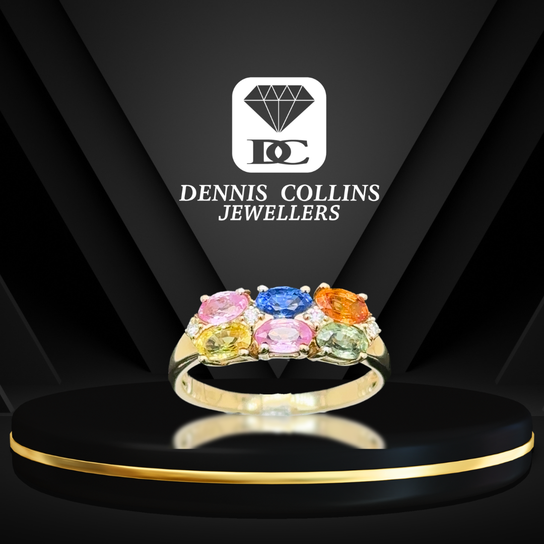 Ladies 10ct Yellow Gold Oval Multi Stone & Diamond Ring