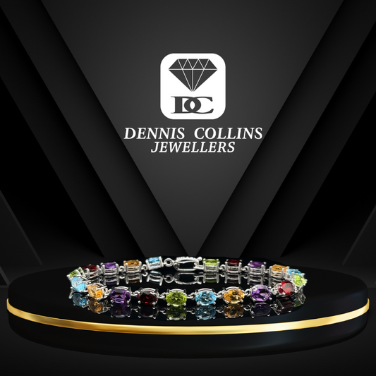 Ladies 9ct white gold Oval multi stones and Diamond bracelet 20cm