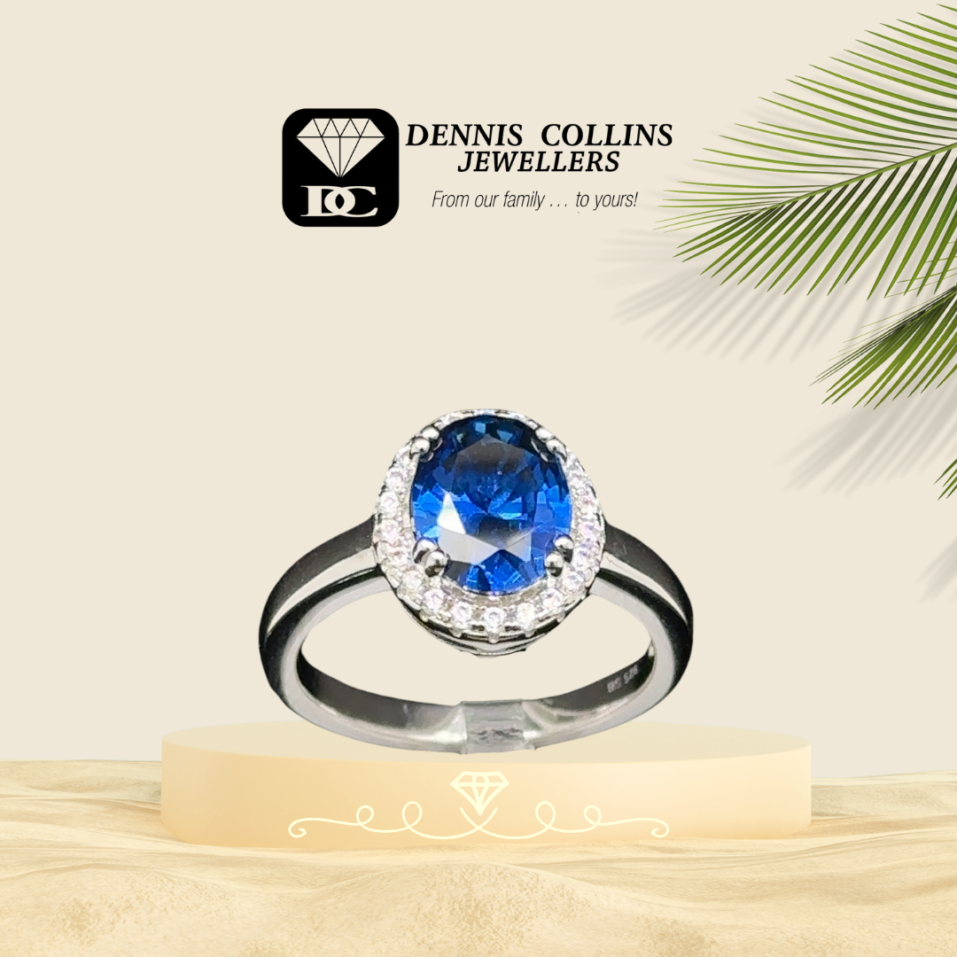 Ladies Silver Oval Created Sapphire Cz Ring - Main Image