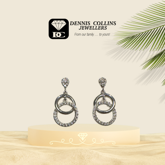 Ladies Silver Small Fancy Double Round Cz Drop Earrings
