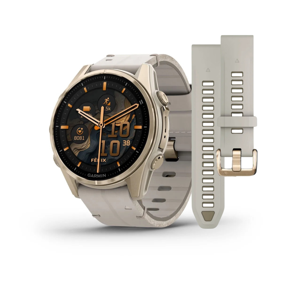 Garmin Fenix 8 – 43 mm, AMOLED Sapphire, Soft Gold with Limestone Leather Band