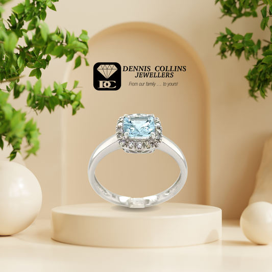 Ladies 10ct White Gold Cushion Cut Aquamarine & Diamond Ring