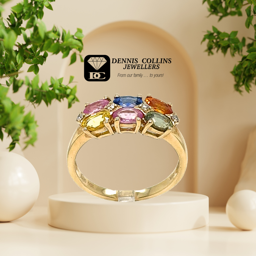 Ladies 10ct Yellow Gold Oval Multi Stone & Diamond Ring