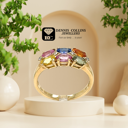 Ladies 10ct Yellow Gold Oval Multi Stone & Diamond Ring