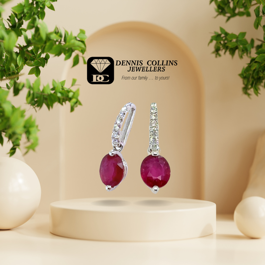 Ladies 14ct White Gold Oval Ruby & Diamond Drop Earrings