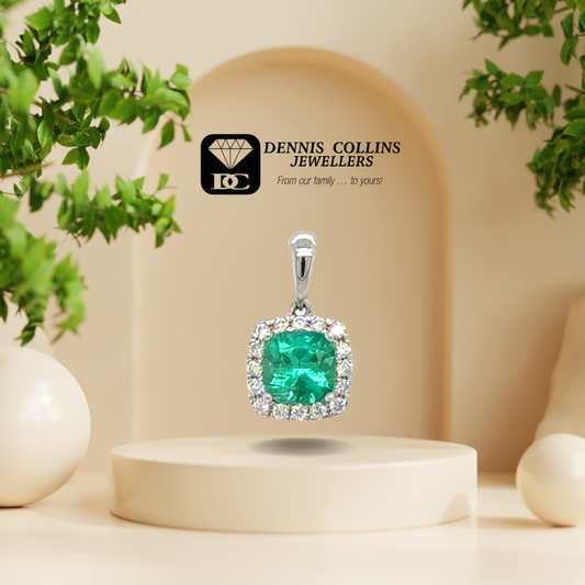 Ladies 18ct White Gold Square Emerald & Diamond Pendant