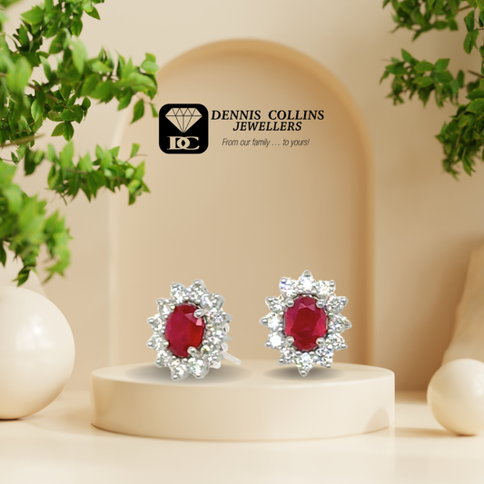 Ladies 9ct White Gold Oval Ruby & Diamond Earrings