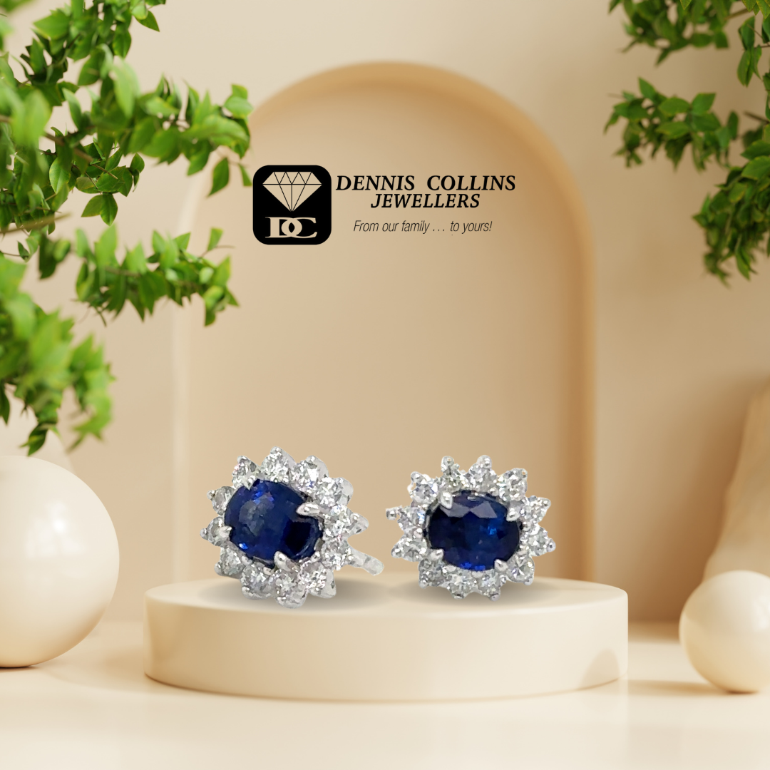 Ladies 9ct White Gold Oval Sapphire & Diamond Earrings