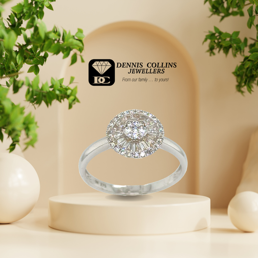 Ladies 9ct White Gold Round Diamond Baguette Ring