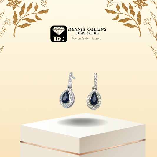 Ladies 9ct White Gold Small Sapphire & Diamond Teardrop Earrings