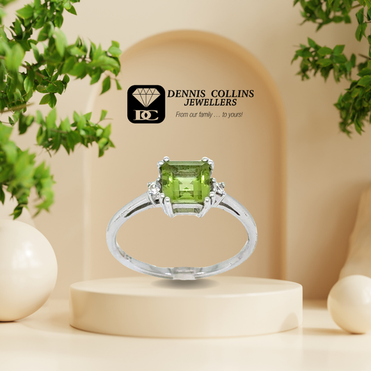 Ladies 9ct White Gold Square Peridot & Diamond Ring