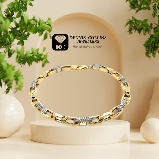 Ladies 9ct Yellow Gold Fancy Cz Anchor Bracelet 19cm