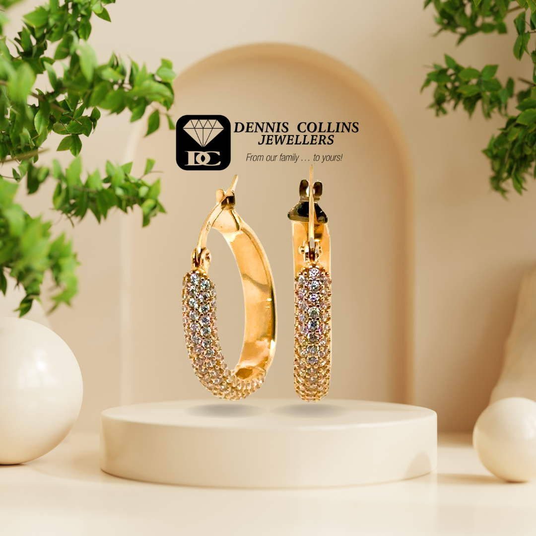 Ladies 9ct Yellow Gold Med Fancy H R Oval Cz Creole Hoop Earrings 4mm Dennis Collins Jewellers