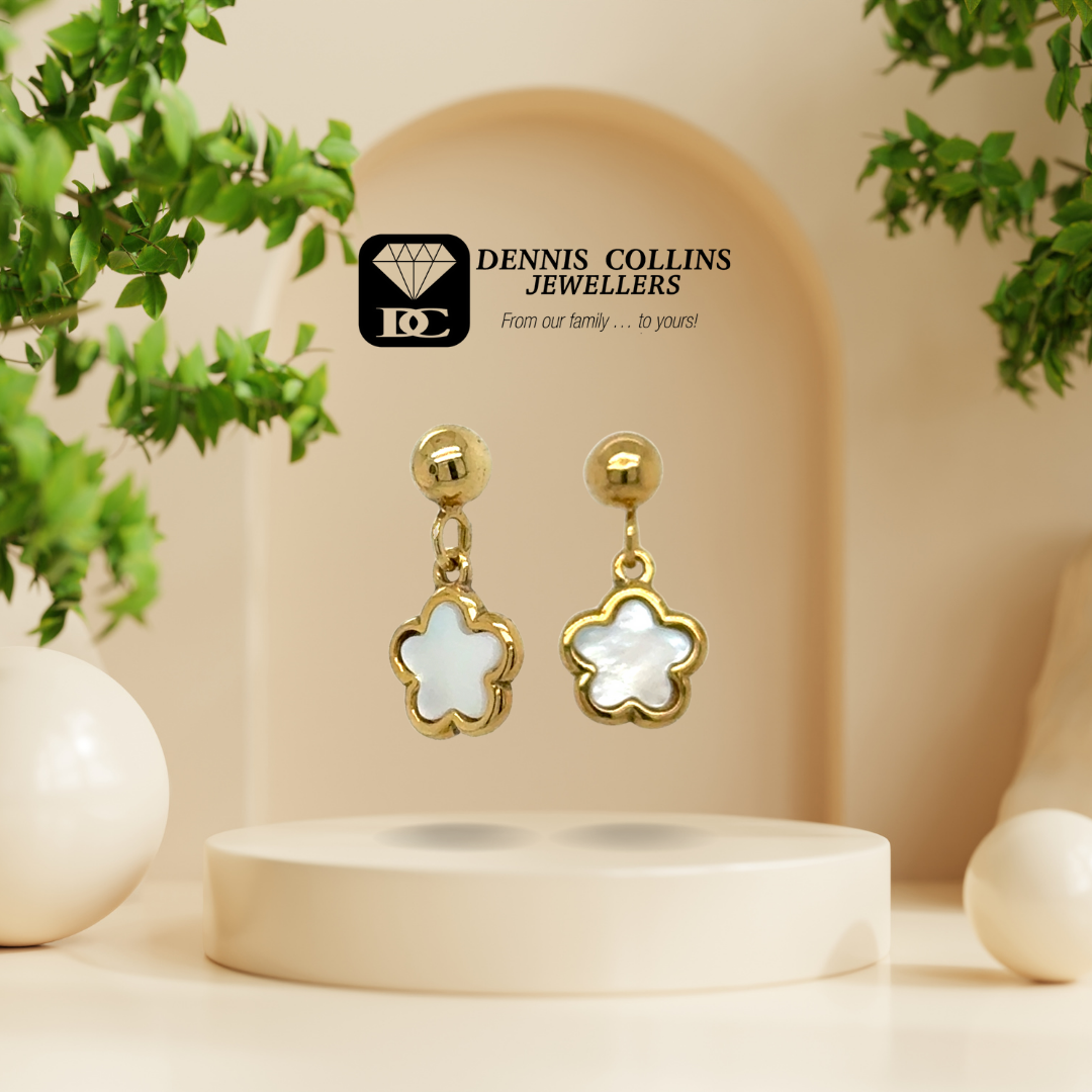 Ladies 9ct Yellow Gold Small Mop Flower Drop Earrings