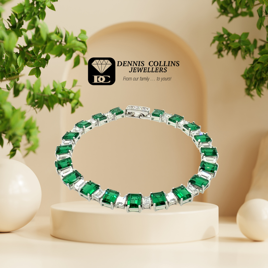 Ladies Silver Fancy Square Green & White Cz Bracelet 19cm