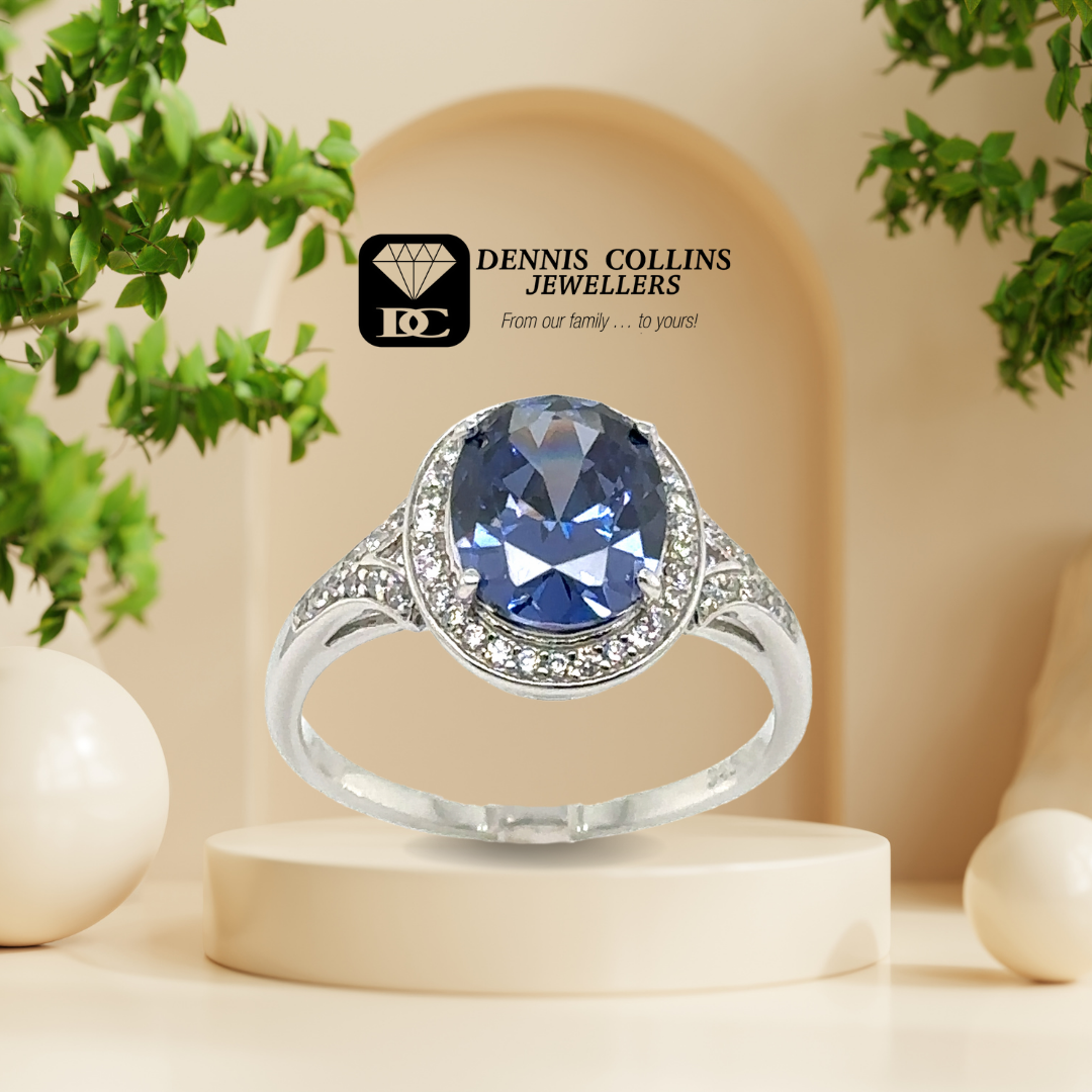 Ladies Silver Oval Cz & Created Tanzanite Ring