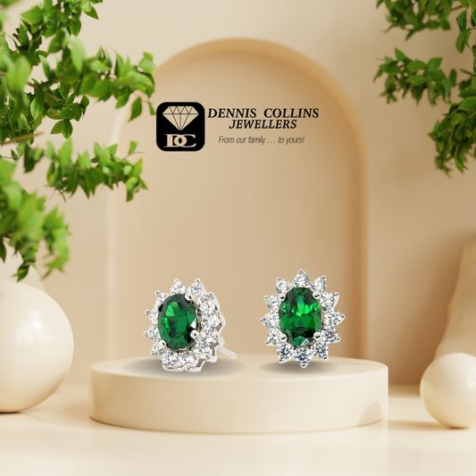 Ladies Silver Small Oval Green Create Emerald & Cz Earrings