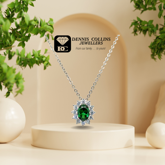 Ladies Silver Small Oval Green Created Emerald & Cz Pendant on Chain