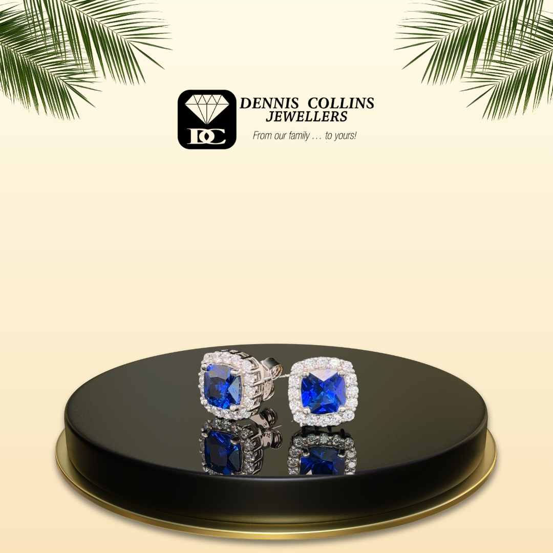 Ladies Silver Square Created Sapphire & Cz Stud Earrings