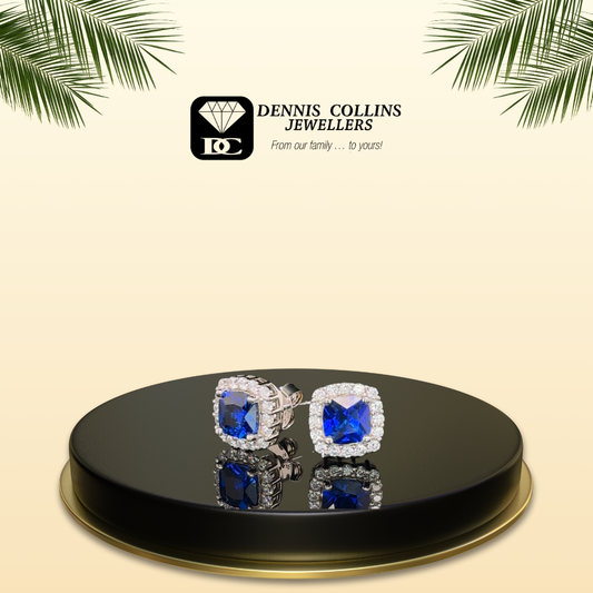 Ladies Silver Square Created Sapphire & Cz Stud Earrings
