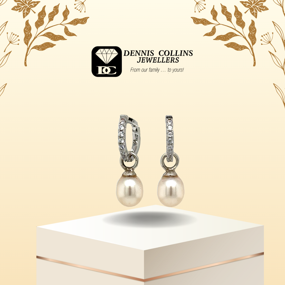 Ladies Silver Small Fancy Round White Pearl & Cz Huggy Drop Earrings