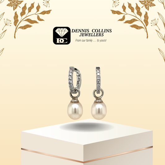 Ladies Silver Small Fancy Round White Pearl & Cz Huggy Drop Earrings