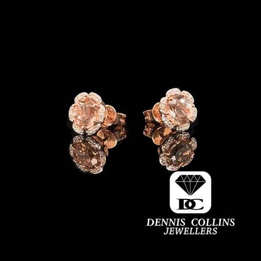 Ladies 9ct Rose Gold Round Morganite & Diamond Earrings