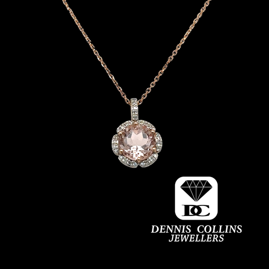 Ladies 9ct Rose Gold Round Morganite & Diamond Pendant & Chain