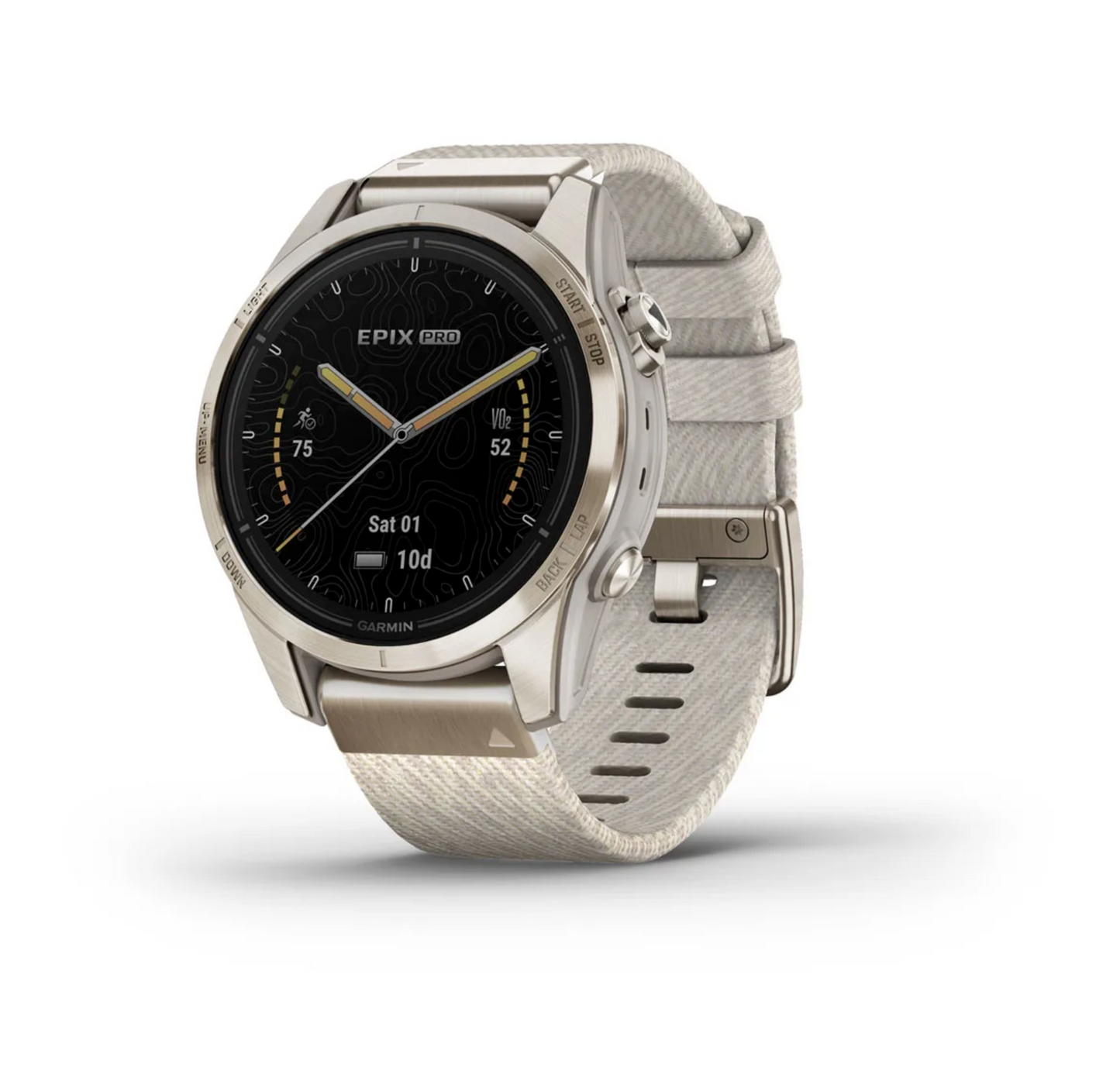 Garmin epix™ Pro (Gen 2) – Sapphire Edition - 42 mm - Soft Gold with Cream Heathered Nylon Band