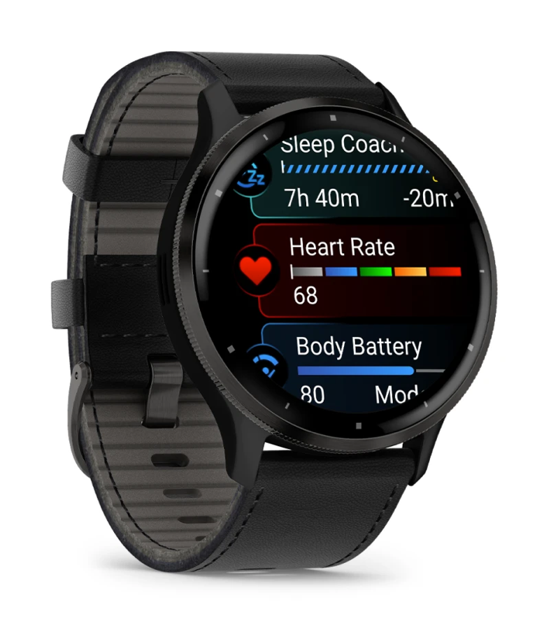 Garmin Venu 3 - 45mm - Slate Stainless Steel Bezel with Black Case and Leather Band