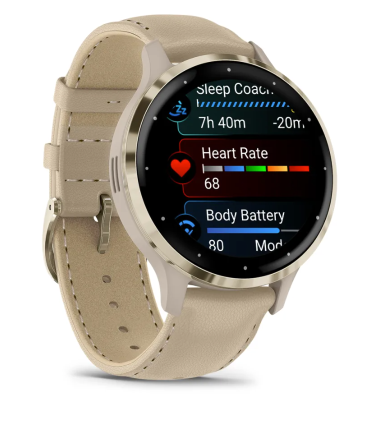 Garmin Venu 3S - 41mm - Soft Gold Stainless Steel Bezel with French Gray Case and Leather Band