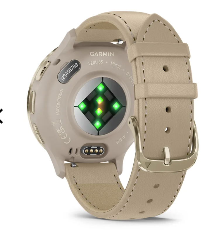 Garmin Venu 3S - 41mm - Soft Gold Stainless Steel Bezel with French Gray Case and Leather Band