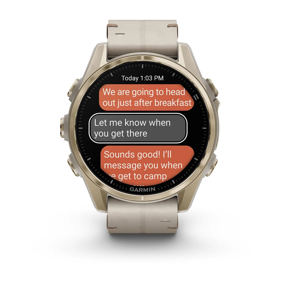 Garmin fēnix® 8 – 43 mm, AMOLED Sapphire, Soft Gold with Limestone Leather Band