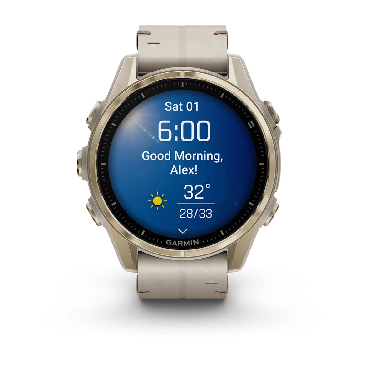 Garmin fēnix® 8 – 43 mm, AMOLED Sapphire, Soft Gold with Limestone Leather Band