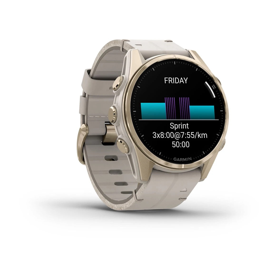 Garmin Fenix 8 – 43 mm, AMOLED Sapphire, Soft Gold with Limestone Leather Band