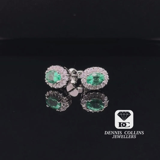 Ladies 18ct White Gold Oval Emerald & Diamond Earrings