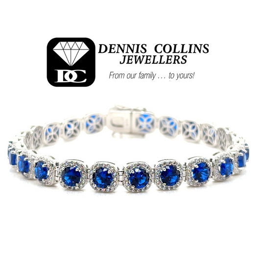 Ladies Silver Fancy Square Blue & White Cz Tennis Bracelet 19cm