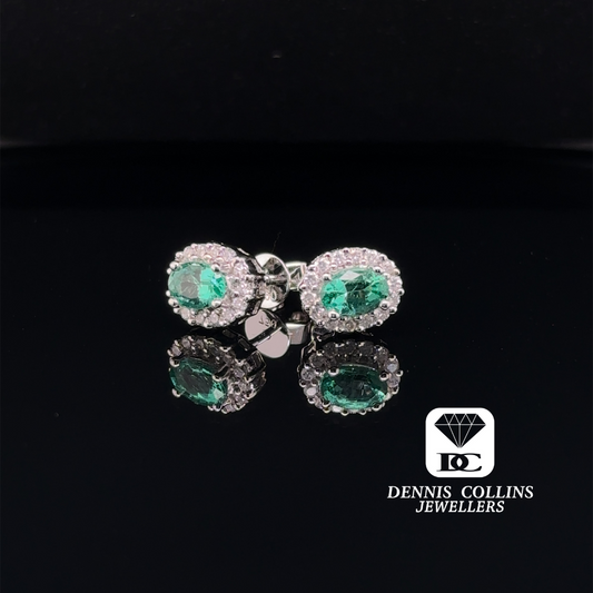 Ladies 18ct White Gold Oval Emerald & Diamond Earrings