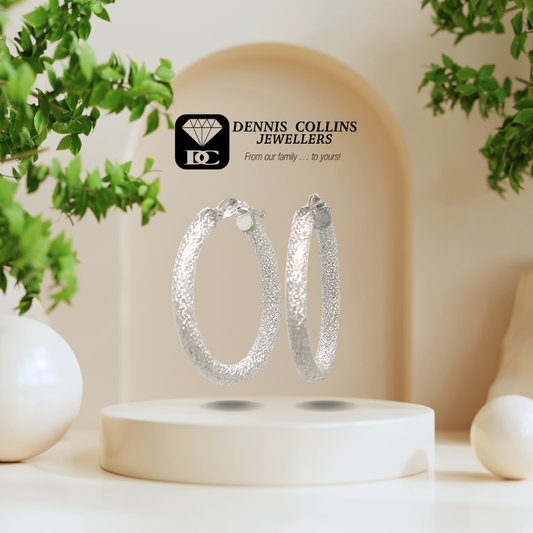 Ladies 9ct White Gold Large Round Satin Hoop Earrings 25mm