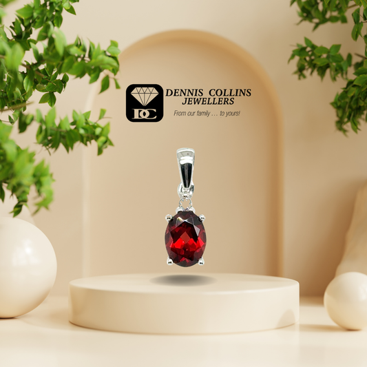 Ladies 9ct White Gold Small Oval Garnet & Diamond Pendant