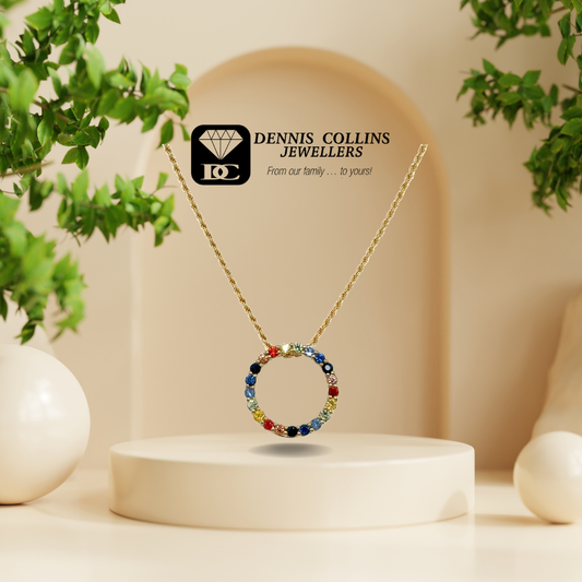 Ladies 9ct Yellow Gold Multi Stone Circle Of Life Pendant with Ladies 9ct Yellow Gold Rope Chain 45cm