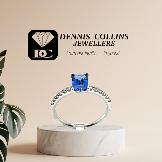 Ladies 9ct white gold Emerald Cut Sapphire & Diamond ring