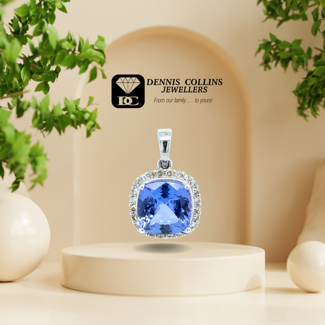 Ladies 9ct white gold Square cushion cut Tanzanite & diamond pendant