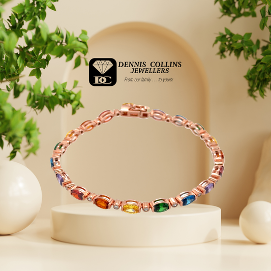 Ladies Silver Rose gold plated Oval Multi Cz Bracelet 19cm