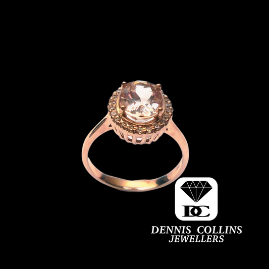 Ladies 9ct Rose Gold Oval Morganite & Diamond Ring