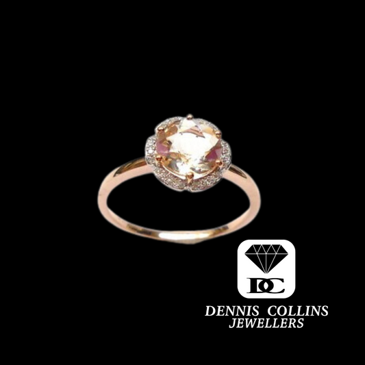 Ladies 9ct Rose Gold Round Morganite & Diamond Ring