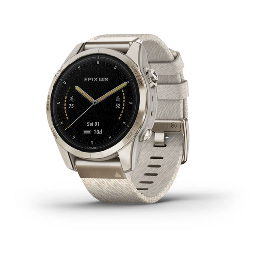 Garmin epix™ Pro (Gen 2) – Sapphire Edition - 42 mm - Soft Gold with Cream Heathered Nylon Band